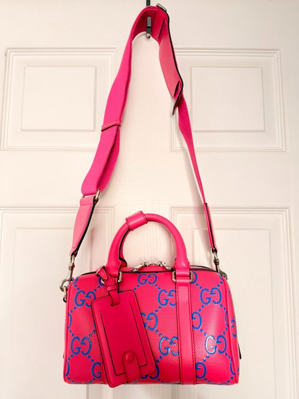 Gucci GG Monogram Boston Mini Hot Pink Embossed Leather Crossbody Handbag